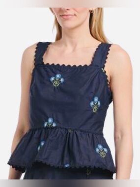 NWT Solitaire Navy Floral Embroidered Peplum Tank Top Ric-Rack Trim